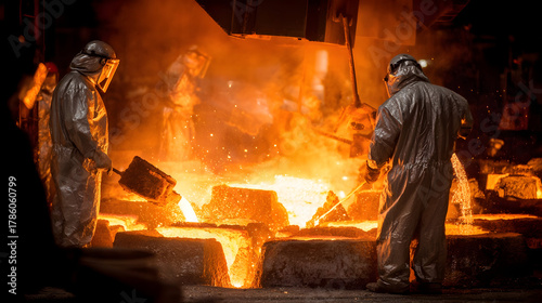 Workers in Protective Gear Overseeing Molten Metal Pouring in Industrial Foundry.