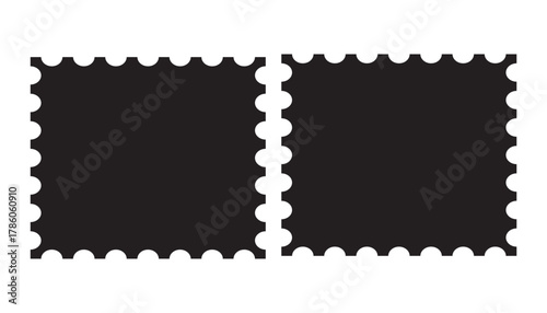 Two black blank postage stamp shapes with perforated edges