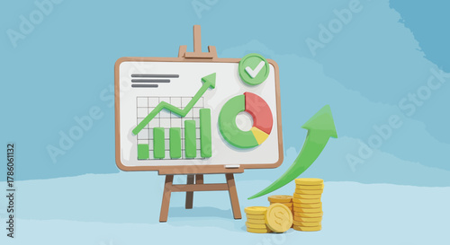 3D Financial Growth Chart with Upward Arrow and Stacked Coins on Whiteboard Display, Illustrating Business Success and Investment Returns