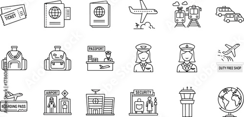 A collection of travel and transportation icons featuring airplanes, trains, buses, passports, boarding passes, and airport security, representing global journeys and transit.