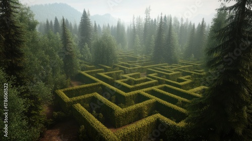 Lush green hedge maze in misty forest