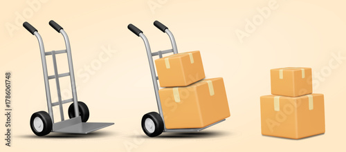 3D illustration vector render of hand cart icon set with wheels, stacked parcel boxes, concept of goods movement, shipping preparation, packing, warehouse management system.