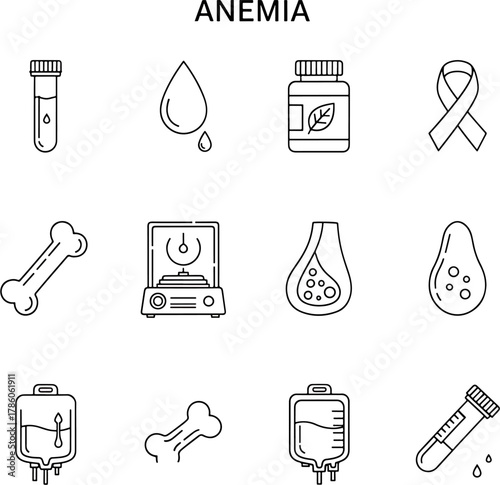 Anemia icons set depicting blood drop, bone, medical capsule, laboratory equipment, blood bag, and awareness ribbon for health concepts