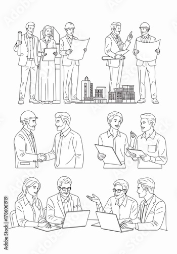 Architects and business professionals collaborating on construction plans, discussing blueprints, and reviewing projects with laptops, illustrating teamwork and development