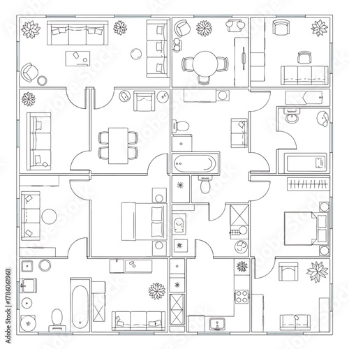 Architectural floor plan blueprint of a modern apartment layout showcasing living rooms, bedrooms, kitchen, and bathrooms with furniture details