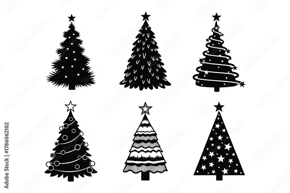 Obraz premium Collection of six black silhouette christmas trees