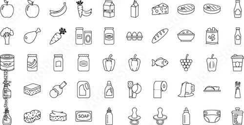 Assortment of Grocery Items and Household Essentials Icons Vector Set, Black and White Line Art Collection Featuring Food, Drinks, and Cleaning Supplies