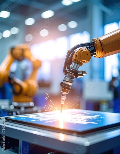A sleek, futuristic robot meticulously performs welding tasks while using an iPad, showcasing advanced technology and precision in a modern workshop setting.
