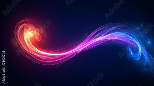 Abstract luminous glowing wave of red and blue light against a dark blue background