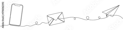 Smartphone, envelope, and a paper airplane in one line art style. Drawing of mobile communication, email, and fast sending symbols with editable black stroke on a white background. Vector illustration