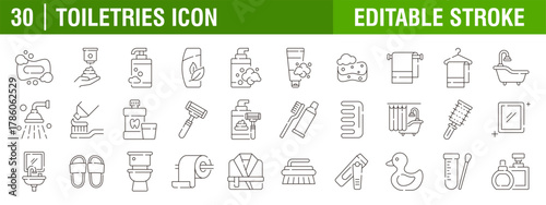 Collection of toiletries icons. Wash Basin, Closet, Shower, Mirror, Trash, Bath, Hygiene, Shampoo, Tap, Towel. Vector design template, signs, symbols, editable stroke.