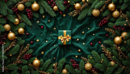 Christmas wreath frame on green velvet with gift and gold baubles