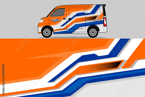 Dynamic Orange and Blue Vehicle Wrap Design for Van