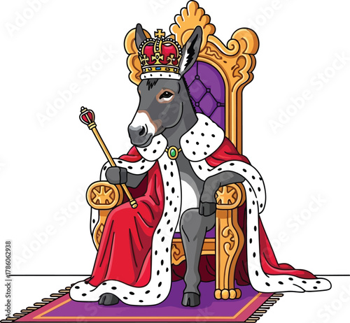 Cartoon donkey king sitting on throne wearing crown and royal robe holding scepter