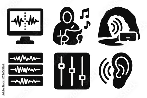 Audio Reconstruction Icons. Solid style icons of audio reconstruction in archaeology: waveform editing, reconstructed chants,