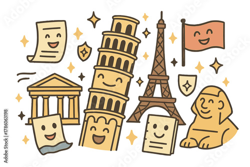 UNESCO Playful Protection. Playful doodle UNESCO safeguarding illustration with happy monuments, cartoon documents with faces,