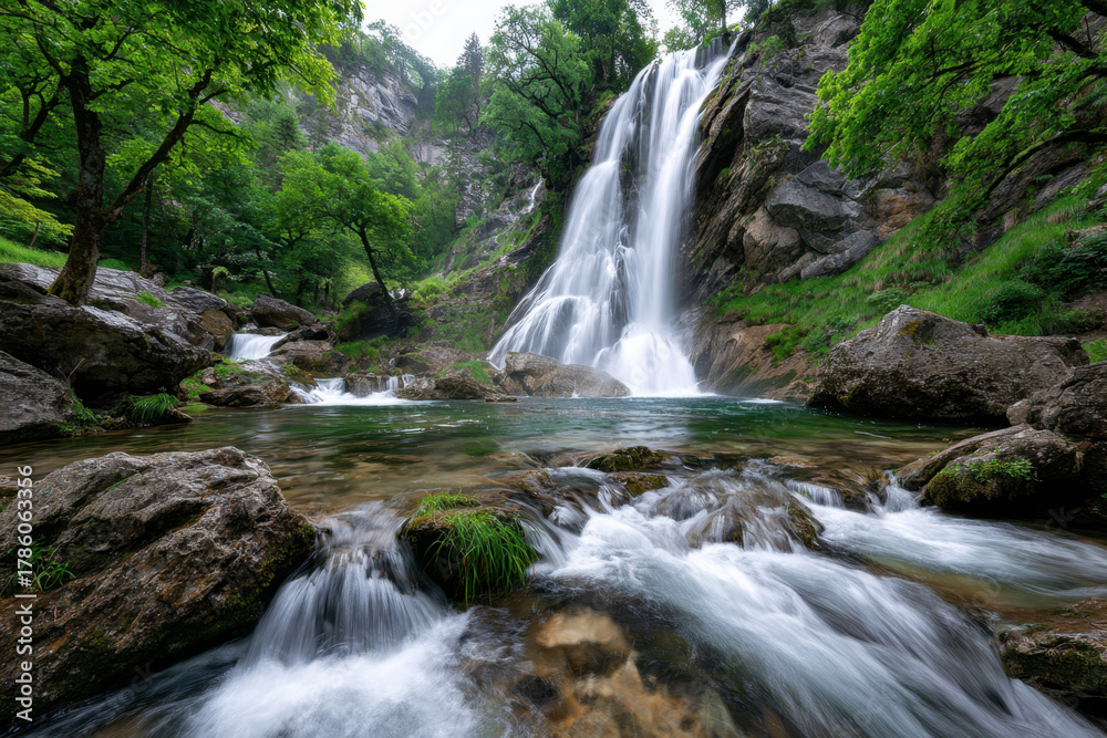 Fototapeta premium Serene Waterfall Cascading into a Rocky Stream
