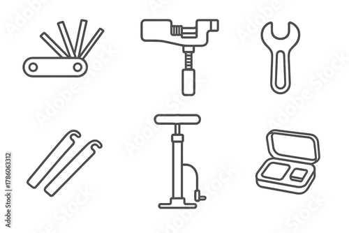 Bike Tools Icons. Line style icons of bike tools: multitool with hex keys, chain tool, spoke wrench, tire levers, bike pump, patch