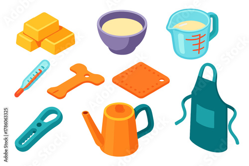 Candle Making Tools. Isometric vector illustration set Candle making – soy wax blocks, microwave-safe bowl, glass measuring cup;