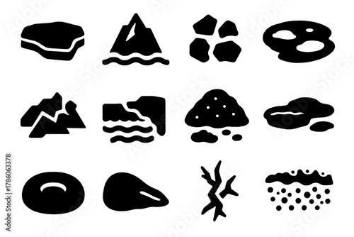 Sea Ice Habitat Icons. Solid style icons of Sea ice habitat: ice floe, iceberg fragment, brash ice, polynya, pressure ridge, floe