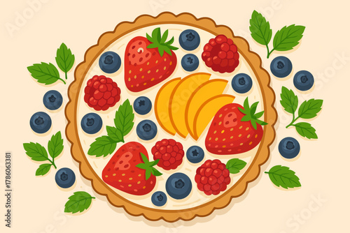 Berry Mint Fruit Tart. Flat lay of a beautifully arranged fruit tart garnished vector illustration with fresh berries and mint