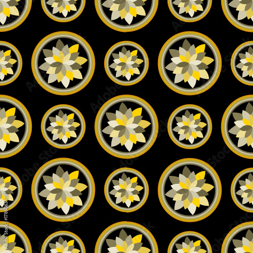​A dark, seamless pattern with geometric floral medallions in yellow, gray, and white tones, set against a deep black background.