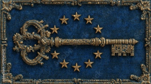 An ornate golden key surrounded by stars, set against a dark blue textured background with decorative borders.