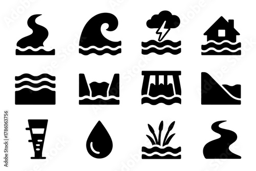Hydrology and Flooding Icons. Solid style icons of hydrology and flooding evidence: river, tidal surge, storm surge, flooded