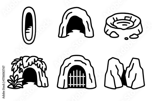 Cave Entrance Icons. Line style icons of cave entrances: vertical shaft, wide open mouth, sinkhole, jungle-covered entry, gated