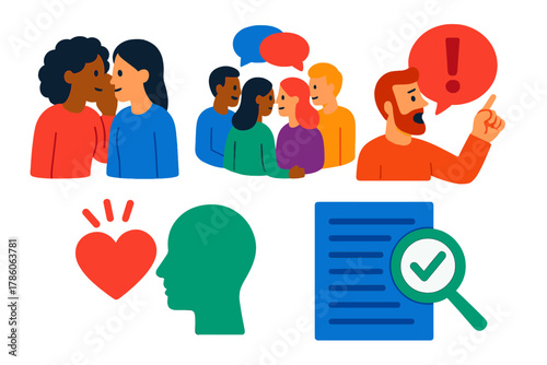 Psychology of Rumors. Isometric vector illustration set Psychology of rumor transmission: whisper networks, group conversations,