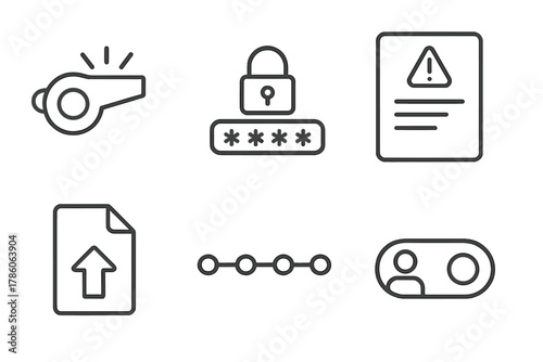 Whistleblowing Portal Icons. Line style icons of whistleblowing portal UI: report button icon, secure login field, incident form