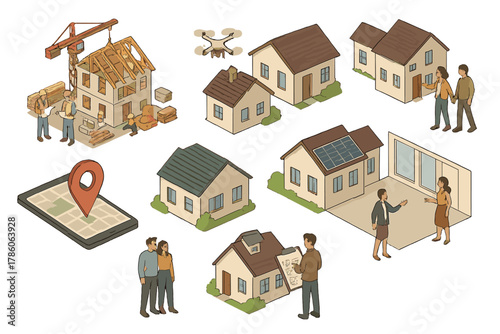 Real Estate Isometric Vectors. Isometric vector illustration set of Real Estate: construction site of new home, drone inspecting