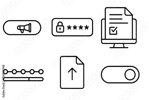 Whistleblowing Portal Icons. Line style icons of whistleblowing portal UI: report button icon, secure login field, incident form