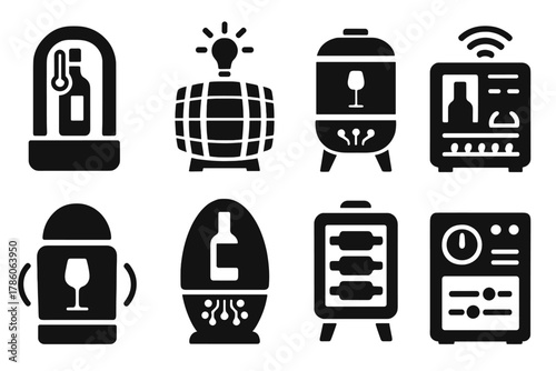Wine Aging Icons. Solid style icons of wine aging chambers: temperature-controlled capsule, light-infused barrel, pressurized
