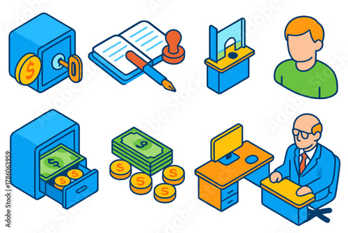 Banking Icons Set. Isometric vector illustration set Currency and coins – safe deposit box, key in lock, opened drawer; bank