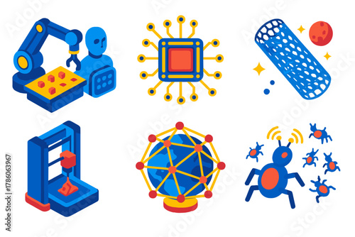 Futuristic Nanotech Icons. Isometric vector illustration set Future of Nanotechnology: AI-controlled nanofactory, quantum computer