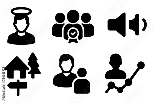 Guided vs Unguided Icons. Solid style icons of guided vs unguided silence: instructor with halo icon, group with guide badge,