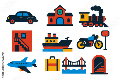Noir Transport Icons. Flat vector icons of Noir Transport: vintage car, taxi cab, train station, steam train, alley staircase,