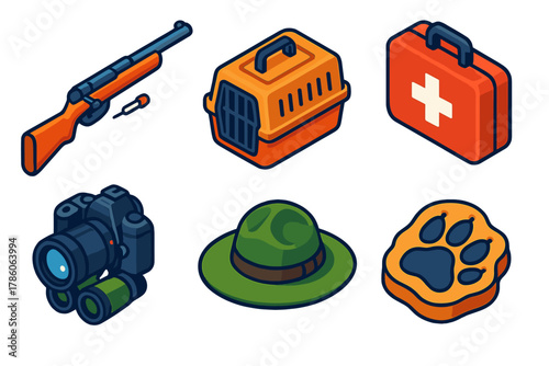 Wildlife Study Icons. Isometric vector illustration set Wildlife Fieldwork: tranquilizer dart gun, animal crate, veterinary kit,