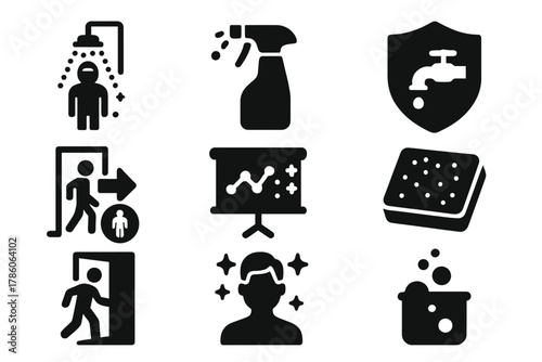 Decontamination Icons Collection. Solid style icons of decontamination procedures: chemical shower glyph, cleaning spray icon,
