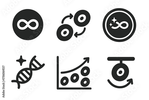 Cellular Immortality Icons. Solid style icons of cellular immortality research: infinity symbol in nucleus, eternal cell loop,