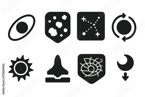 Space Icons Collection. Solid style icons of space and planetary simulations: orbit path icon, asteroid field badge, star map