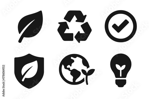 Eco Icons Collection. Solid style icons of eco-conscious survival tours: leaf glyph, reuse icon, green badge. Clean ring, protect