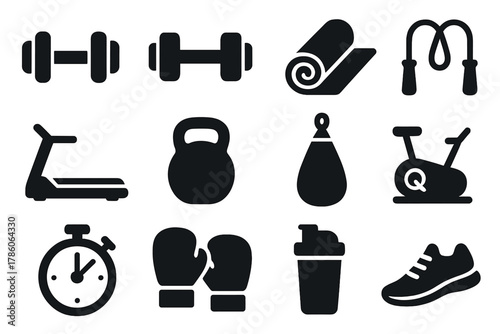 Fitness Icon Set. Solid style icons of Fitness training: dumbbell, barbell, yoga mat, jump rope, treadmill, kettlebell, punching