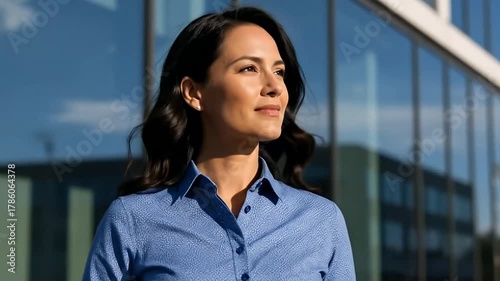 A confident and determined professional woman walks purposefully past a modern glass office building on a bright, sunny day. Her focused gaze looks towards the future, embodying themes of ambition, ca