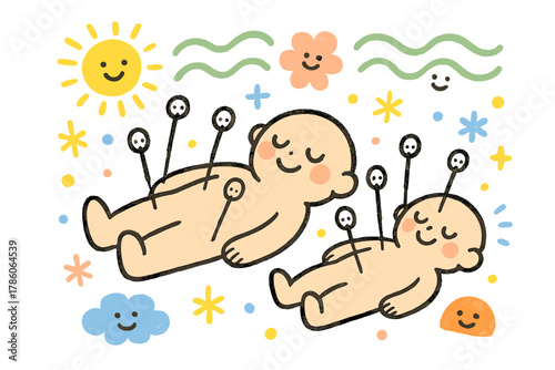 Playful Acupuncture Doodle. Playful doodle acupuncture scene with happy needles gently placed on smiling cartoon bodies, soothing