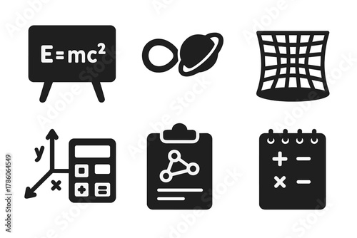 Physics Tools Icons. Solid style icons of theoretical physics tools: equation board icon, abstract formula glyph, math universe