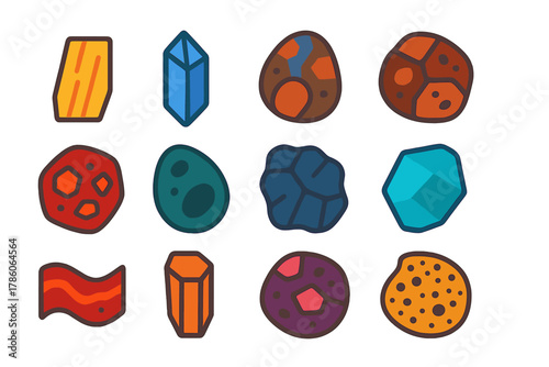Crater Mineral Icons. Flat vector icons of crater minerals and rocks: shocked quartz, coesite, stishovite, breccia, suevite,