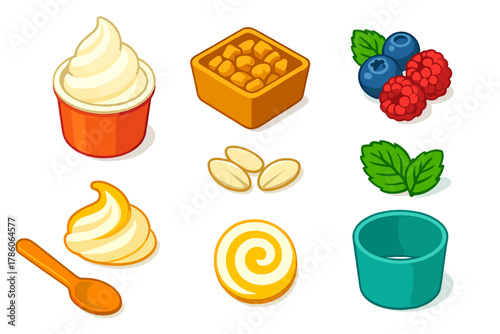 Frozen Dessert Fantasy. Isometric vector illustration set Ice cream and desserts – frozen yogurt cup, granola topping, berry mix;