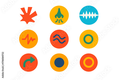 Flat Phoneme Icons. Flat vector icons of consonant sounds: plosive burst, nasal sound wave, fricative hiss, affricate combination,